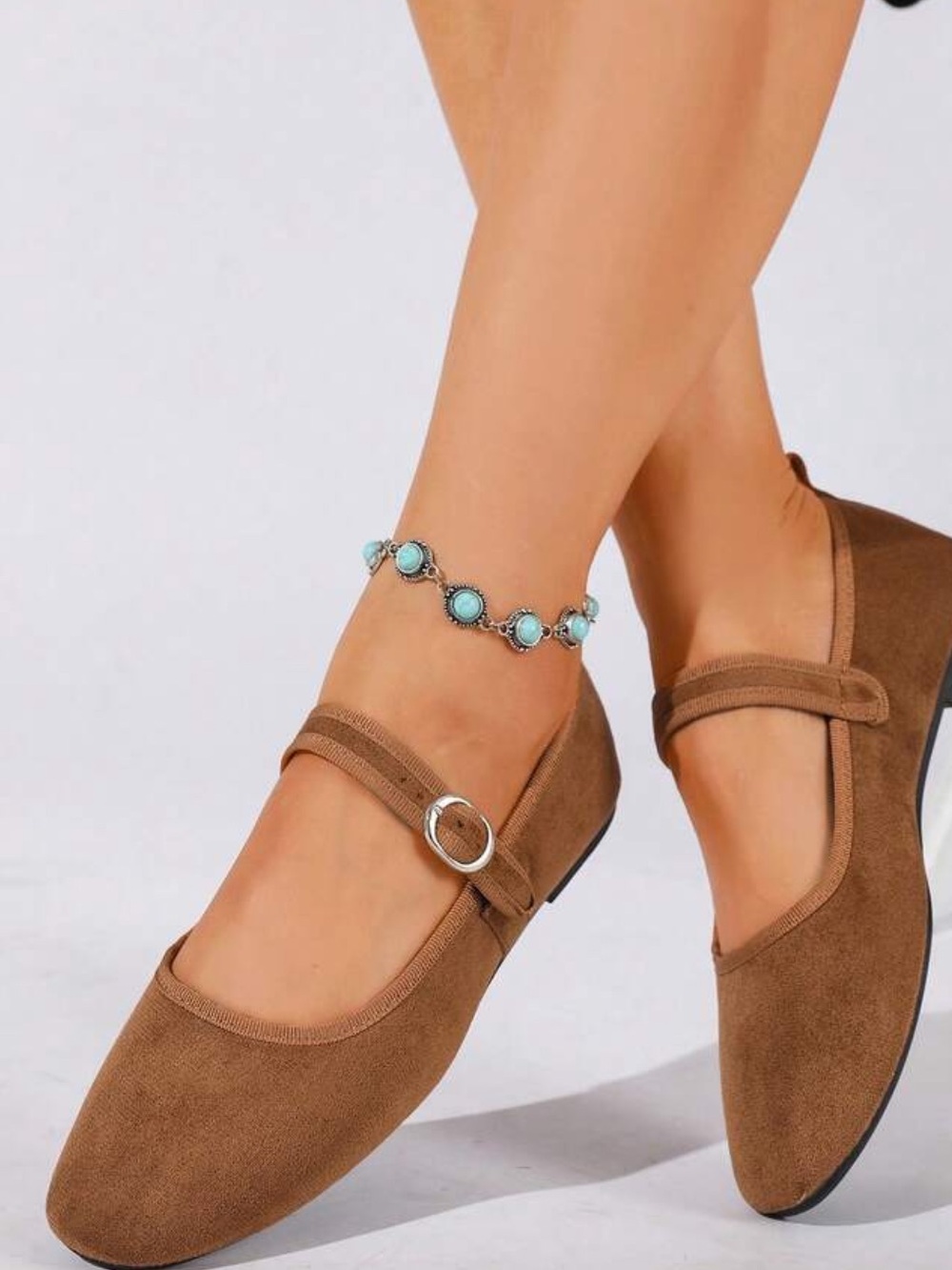 Women's Brown Mary Jane Flats with Buckle Strap